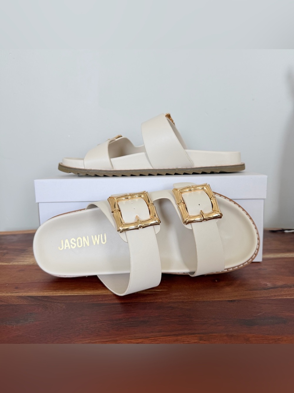 JASON WU Women's Marzan Buckle Cream/Gold Size 8.5/ 9.5 Sandals, NEW WITH BOX